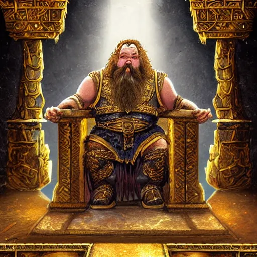 Prompt: a dwarven king he was sitting on a throne in a kingdom, in many - pillared halls of stone, with golden roof and silver floor, and runes of power upon the door, the light of sun and star and moon in shining lamps of crystal hewn, fantasy, intricate detail, advanced digital art