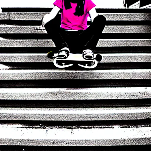 Image similar to skater girl sitting on steps by scott pilgrim, by bryan lee o'malley