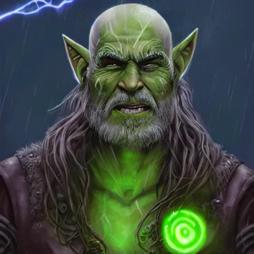 Image similar to an older half - orc shaman with long wiry grey hair, glowing green eyes, glowing tattoos, lightning in background, rainy background, character concept art, artstation, digital art