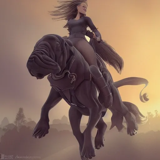 Prompt: girl riding a giant Neapolitan Mastiff in the park, trending on artstation