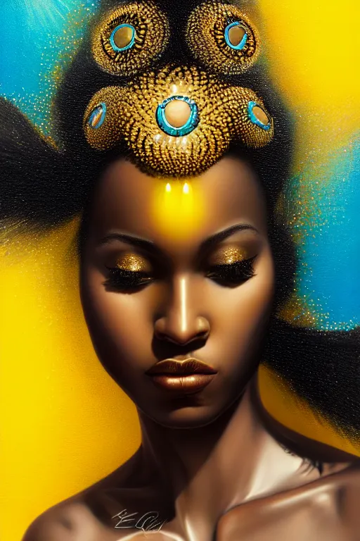Prompt: hyperrealistic precisionist cinematic profile very expressive! black oshun goddess, staring in water!, mirror dripping droplet!, gold flowers, highly detailed face, digital art masterpiece, smooth eric zener cam de leon, dramatic pearlescent turquoise light on one side, low angle uhd 8 k, shallow depth of field