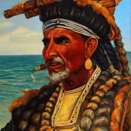 Prompt: oil painting of a berber corsair at the helm of a ship