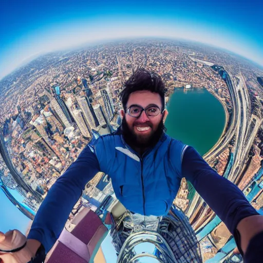 Prompt: a man taking a selfie from the top of the tallest tower in the world, beautiful city, fish eye, wide lens