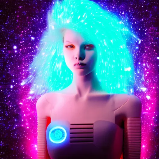 Image similar to electronic robot girl with glowing fiber optic hair and luminous eyes containing galaxies