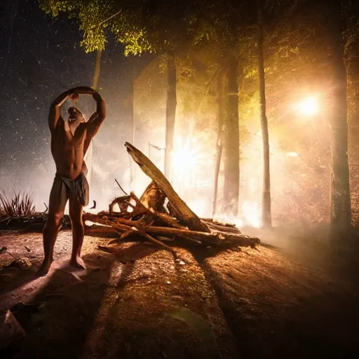 Image similar to spartan doing ayahuasca ritual at camp fire, jungle background, full moon with stars, hyper realistic award winning photographic portrait, dramatic cinematic lighting