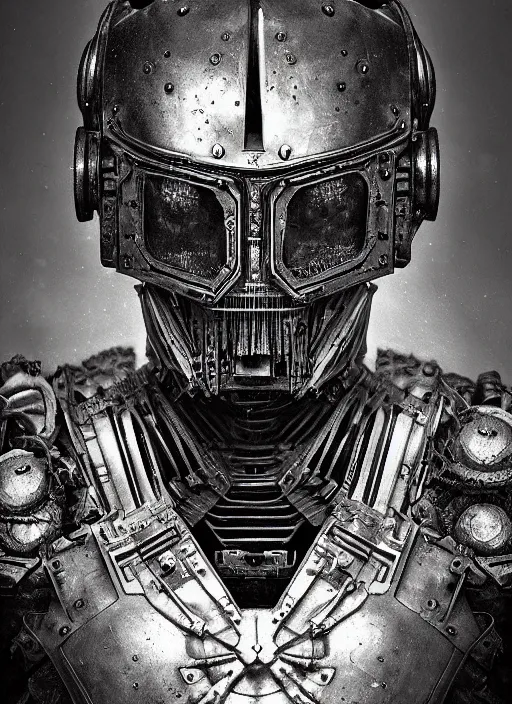 Image similar to old wetplate daguerreotype frame portrait of a futuristic silver armored evil dangerous horror knight district 9 cyborg, fractal, intricate, elegant, highly detailed, subsurface scattering, by jheronimus bosch and greg rutkowski and louis jacques mande daguerre