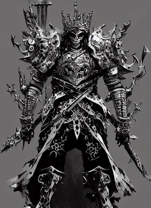 Prompt: an undead king in ornate armour, crown. in style of yoji shinkawa and hyung - tae kim, trending on artstation, dark fantasy, great composition, concept art, highly detailed, dynamic pose, vibrant colours.