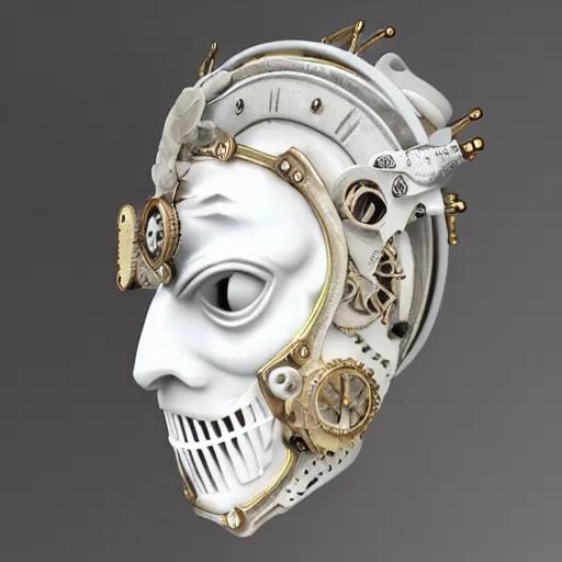 Image similar to extremly detailed white ceramic steampunk mask, high details, photorealistic, 8 k, sharp focus, white ceramic material