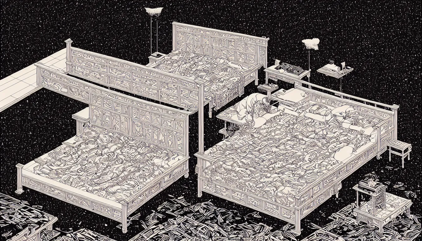 Image similar to king - size bed by woodblock print, nicolas delort, moebius, victo ngai, josan gonzalez, kilian eng