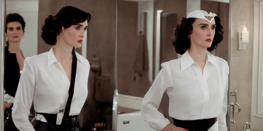 Image similar to ultra wide angle photo of winona ryder dressed in a white blouse and black dress pants as diana prince looking at herself in a bathroom mirror and seeing her reflection as wonder woman