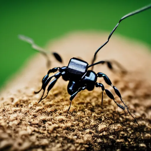 Prompt: a tiny robot ant drone on someone's head. macro photograph.