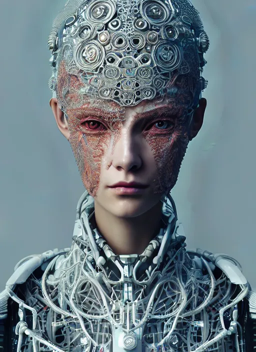 Image similar to portrait of an absurdly beautiful, graceful, sophisticated, fashionable cyberpunk mechanoid, hyperdetailed illustration by irakli nadar and alexandre ferra, intricate linework, white porcelain skin, faberge, fractal, coral headdress, unreal engine 5 highly rendered, global illumination, radiant light, detailed and intricate environment