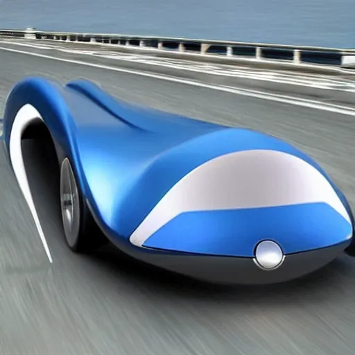 Prompt: a new design car with a undercarriage swoops like a dolphin's belly. this reduces drag, or the force of air flowing against the motion of the vehicle is curved at the nose, wide along the sides and tapered toward the trunk like a small, speedy aircraft