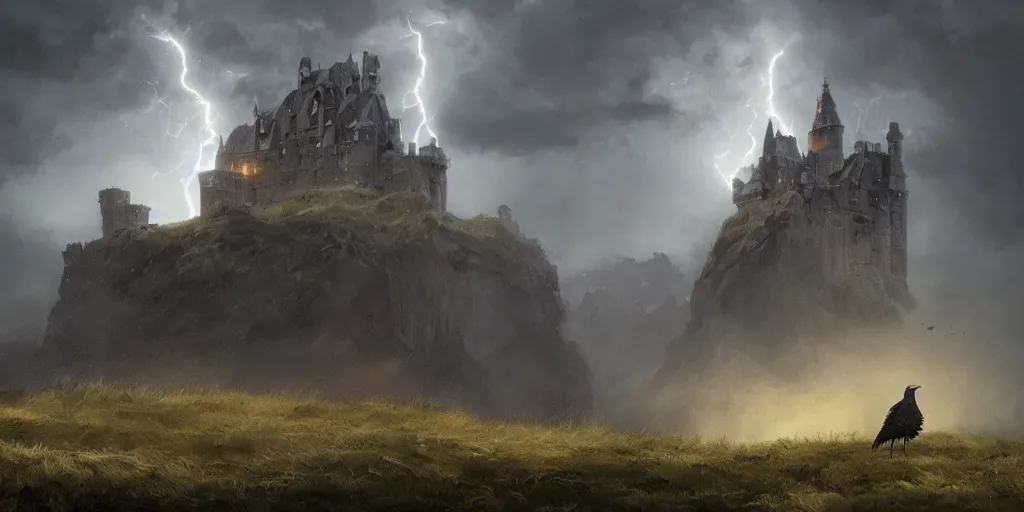 Prompt: A half raven half human magical being looks out over an imposing medieval castle in the distance, dark fantasy, stormy sky, lightning, digital art by Greg Rutkowski and Studio Ghibli