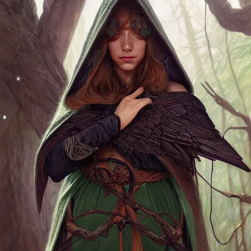 Image similar to beautiful natural cottagecore archer elf hooded longbow verdant lush raven crow, intricate, elegant, highly detailed, digital painting, artstation, concept art, smooth, sharp focus, illustration, art by artgerm and greg rutkowski and alphonse mucha and loish and wlop