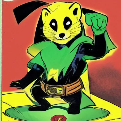 Prompt: A ferret is a superhero, wearing cute green cape, wearing black mask, wearing a yellow superhero suit, he's fighting a villain, comic book art