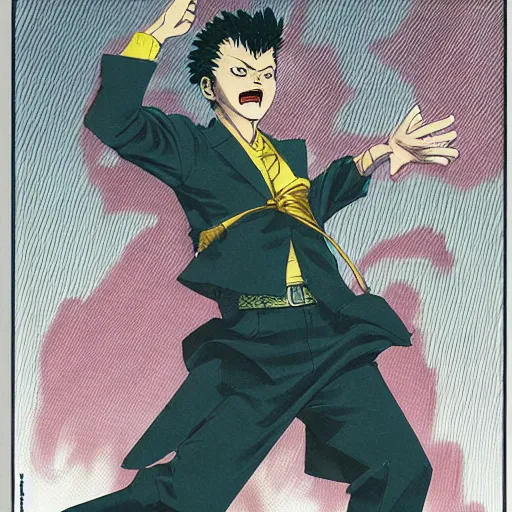 Prompt: young boy angry with pompadour hair, art by katsuhiro otomo, tetsuo hara, hirohiko araki, jotaro kujo, banchou, action pose, manga cover