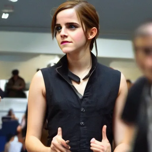 Prompt: emma watson as a sweaty male neckbeard at a magic-the-gathering convention