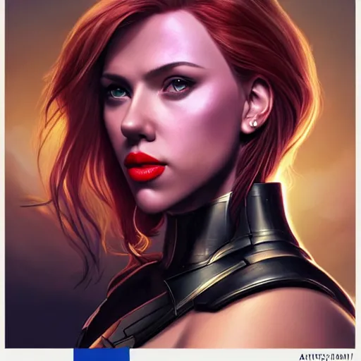 Image similar to scarlett johansson as thanos, feminine beautiful muscular fitness model wearing armor, red lips, attractive, highly detailed full body portrait, pretty face, elegant, breathtaking art, concept art, by artgerm and ilya kuvshinov