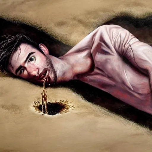 Image similar to the hyper - realistic painting of tom sturridge as sandman combattant contre lucifer