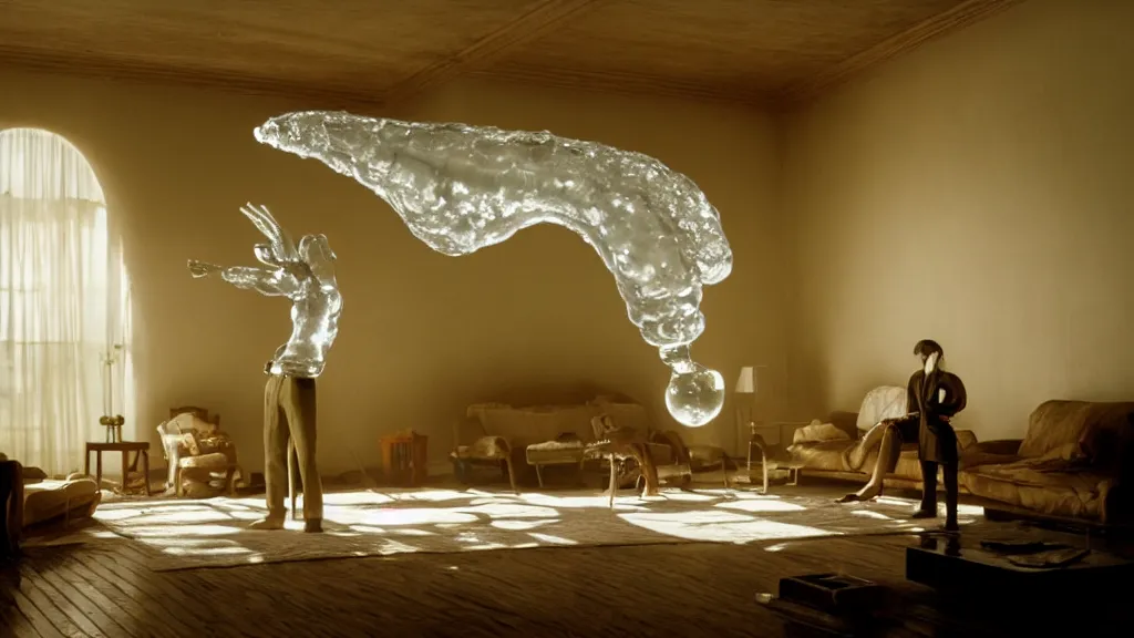 Image similar to a giant hand made of wax and water floats through the living room, film still from the movie directed by Denis Villeneuve with art direction by Salvador Dalí, wide lens