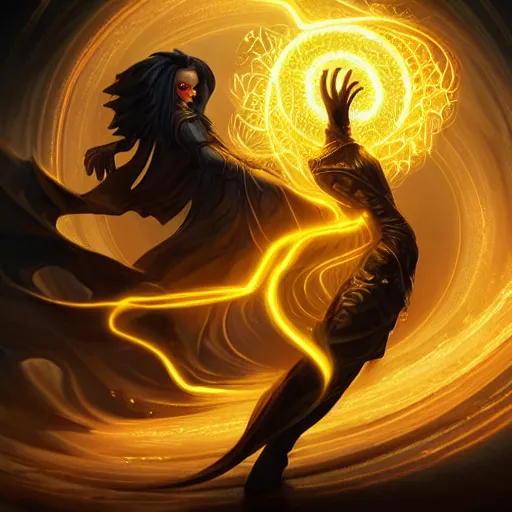 Prompt: mage, dynamic pose full body, left hand holding a fractal golden fireball spell , flowing robes, black and golden cloak, black skin gorgeous, octane render, rule of thirds, golden ratio, Peter Mohrbacher