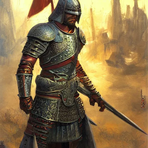 Image similar to persian knight standing with his weapons drawn, face is coved in a shadow, highly detailed painting by donato giancola and bayard wu, 8 k, digital art