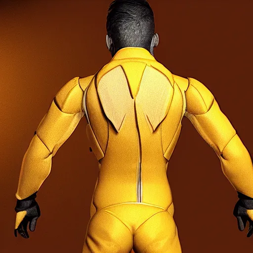 Image similar to « a person wearing yellow hazma suit, in a laboratory, photorealistic, unreal engine 5, full body portrait, back view »