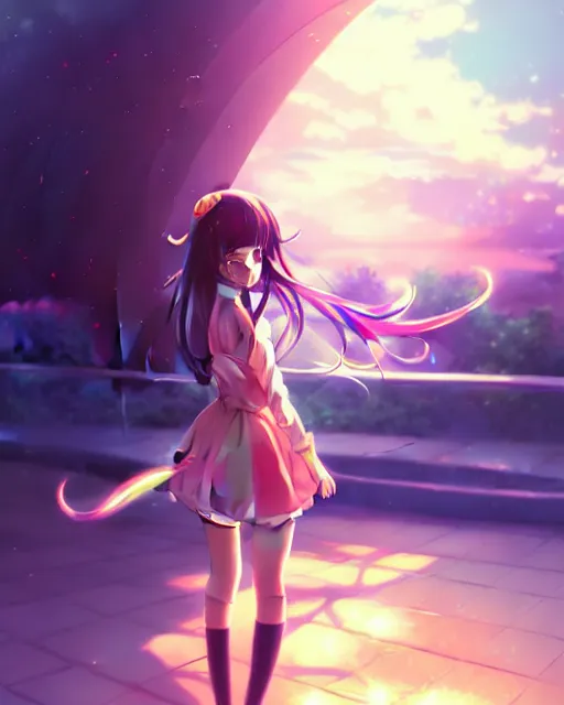 Image similar to anime style, vivid, expressive, full body, 4 k, painting, a cute magical girl with a long wavy black hair, stunning, realistic light and shadow effects, centered, simple background, studio ghibly makoto shinkai yuji yamaguchi