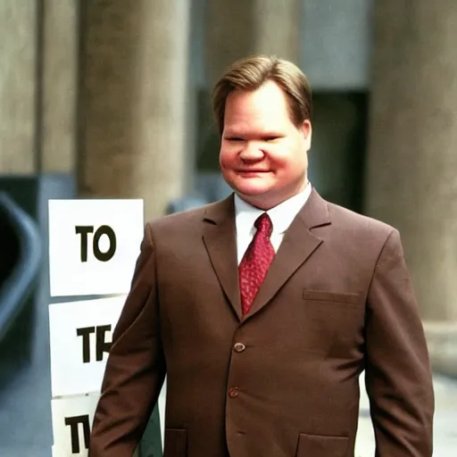 Image similar to Andy Richter is wearing a chocolate brown suit and necktie, holding a sign that reads Stop making these images of me of I WILL tell Conan!! Andy has a stern look on his face