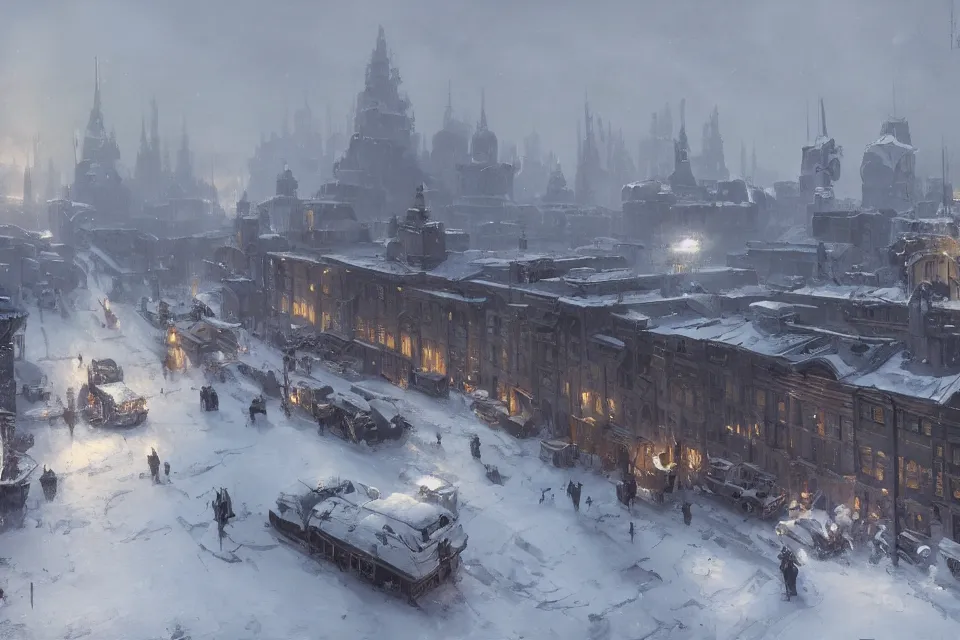 Image similar to highly detailed painting of dieselpunk stockholm, winter, snow, dystopia, by greg rutkowski, by raphael lacoste, 4 k resolution, trending on artstation