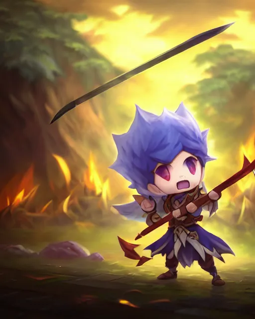 Image similar to oil painting of a cute chibi MapleStory warrior,, attacking, casting a spell with a spear, wearing a MapleStory warrior outfit, sharp focus, fantasy style, octane render, volumetric lighting, 8k high definition, by greg rutkowski, highly detailed, trending on artstation, magic the gathering artwork, Perion background from MapleStory, centered