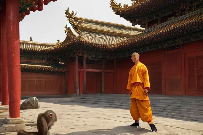 Prompt: A MONKEY!!!!! dressed as a shaolin monk, standing in front of an ancient chinese palace, cinematic lighting, artstation, greg rutkowski