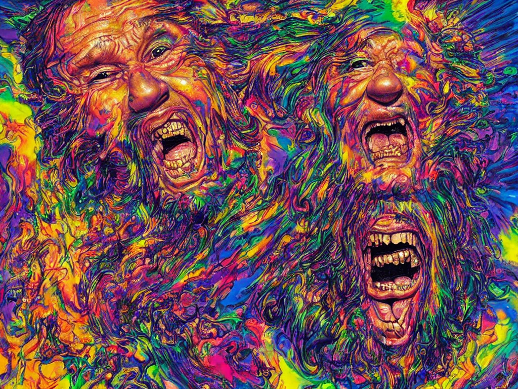 Prompt: hyper realistic painting, the head of braco the gazer floating in hyperspace laughing maniacally, by lisa frank, simon bisley, chuck close and richard corben, very intense, hyperdetailed, rich deep vivid colours, sharp focus, dramatic lighting