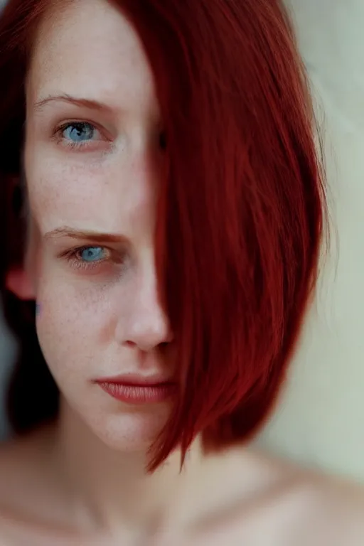 Prompt: face portrait, white woman, 22 years old, thin, center parting straight red hair, snub nose, small lips, in the morning, ambient light, by Annie Leibovitz, f/1.4