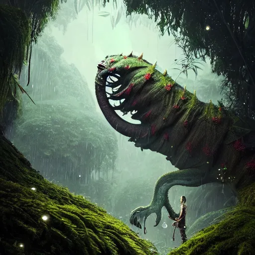 Image similar to a giant creature in a lush trunda vegetation, snow snow :: by Michal Karcz, Daniel Merriam, Victo Ngai and Guillermo del toro :: ornate, dynamic, particulate, intricate, elegant, highly detailed, centered, artstation, smooth, sharp focus, octane render, 3d