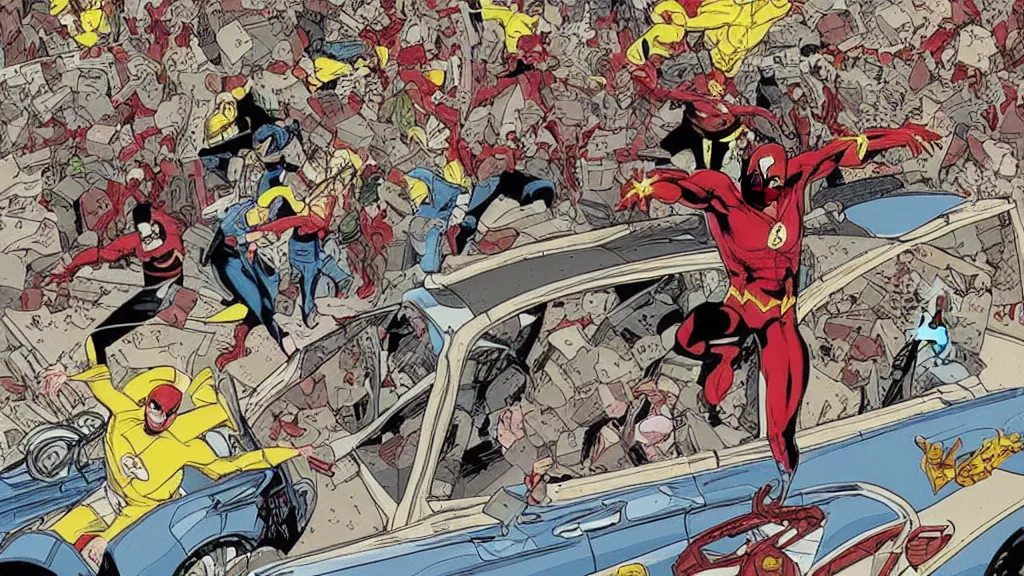 Prompt: marvel comics character The Flash driving a convertible and stuck in a traffic jam by Geof Darrow