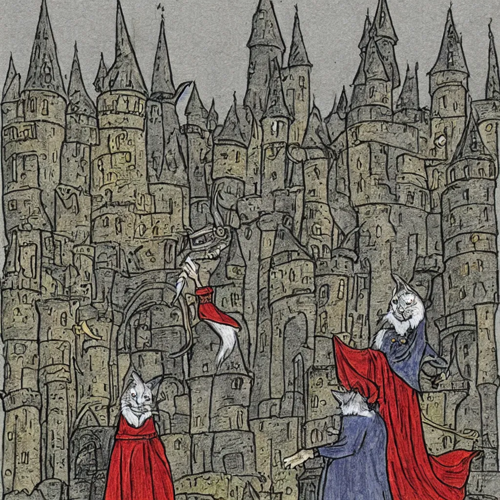 Prompt: a gray striped cat disguised as a wizard Merlin in front of the castle of Camelot, colorful medieval illustration