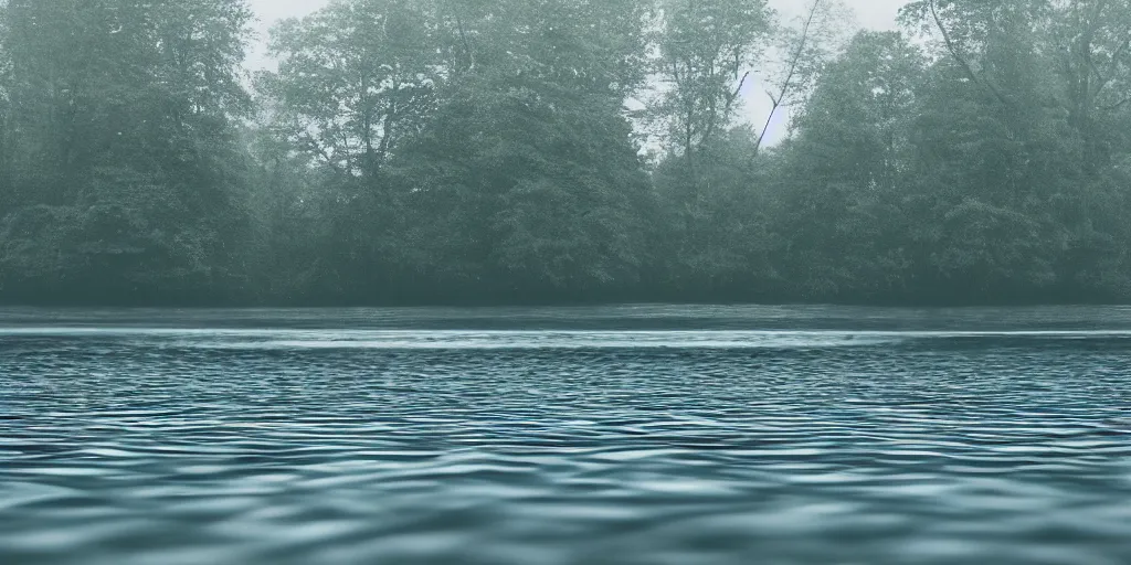 Image similar to centered photograph of a infinitely long rope zig zagging snaking across the surface of the water into the distance, floating submerged rope stretching out towards the center of the lake, a dark lake on a cloudy day, color film, trees in the background, hyper - detailed photo, anamorphic lens