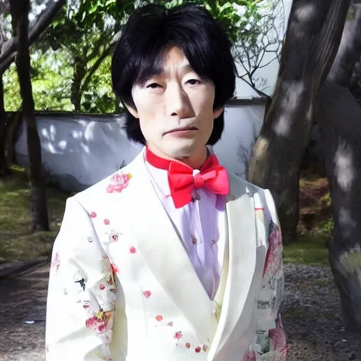 Image similar to a flamboyant japanese man that has had lots of plastic surgery, wears lots of makeup and has smooth skin wearing a wedding dress