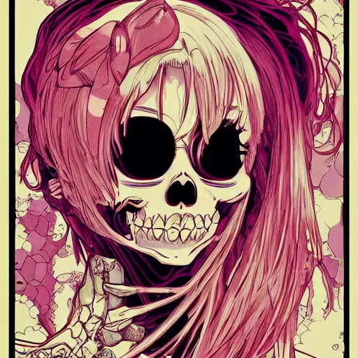 Image similar to anime manga skull portrait girl female skeleton illustration 80s vaporwave detailed patterns art Geof Darrow and Ashley wood and Ilya repin and alphonse mucha pop art nouveau