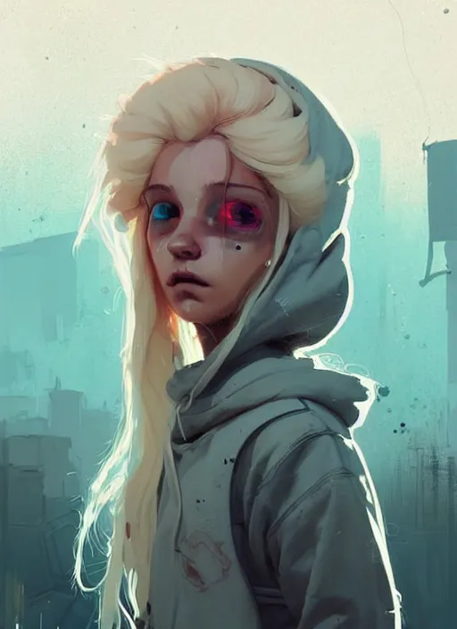 Image similar to highly detailed portrait of a sewer punk swedish young lady, hoodie, white hair by atey ghailan, by greg rutkowski, by greg tocchini, by james gilleard, by joe fenton, by kaethe butcher, gradient light blue, blonde, brown, cream and white color scheme, grunge aesthetic!!! ( ( graffiti tag wall background ) )