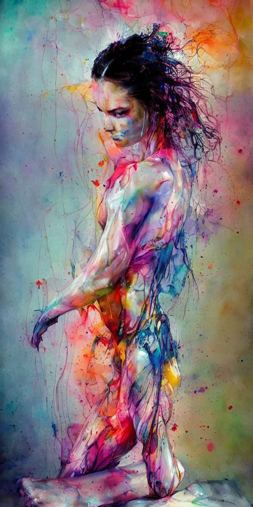 Image similar to adriana lima by agnes cecile enki bilal moebius, intricated details, sitting on a stool, full body portrait, extremely luminous bright design, pastel colours, drips, autumn lights