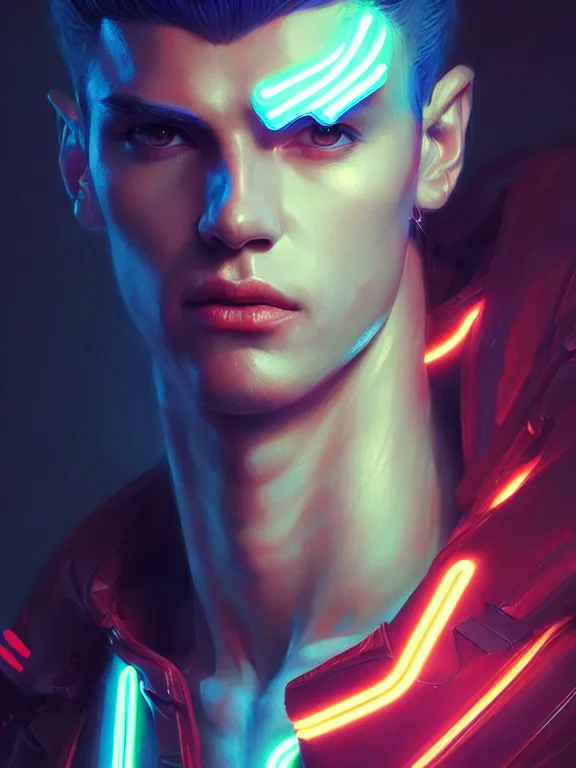 Image similar to portrait of male humanoid, intricate, masculine, cyber neon lights, highly detailed, digital photography, artstation, stylish pose, concept art, smooth, sharp focus, illustration, art by artgerm and greg rutkowski