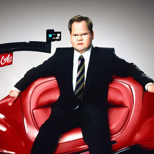 Prompt: 1990s tv still of Andy Richter wearing a black suit and necktie driving his car and eating from a bucket of KFC chicken