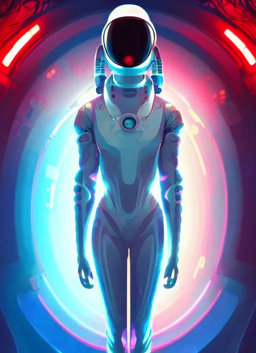 Image similar to a futuristic cyber astronaut, sci fi, glowing aura, volumetric lights, red and cyan theme, art nouveau alien botanicals, intricate, highly detailed, digital painting, artstation, concept art, smooth, sharp focus, cinematic, illustration, beautiful face, art by artgerm and greg rutkowski and alphonse mucha, white background