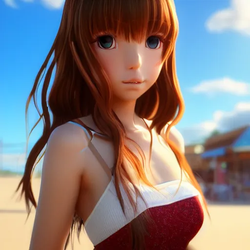 Image similar to Render of a very beautiful 3d anime girl, long hair, hazel eyes, cute freckles, full round face, short smile, cute sundress, golden hour, serene beach setting, medium shot, mid-shot, highly detailed, trending on Artstation, Unreal Engine 4k