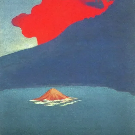 Prompt: volcano with lava falling on the sea by Edward Hopper