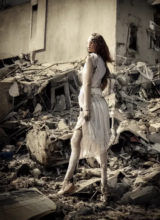 Image similar to award winning photograph miof a dressed young woman amongst rubble, sad face, dirt, dreamlike, low contrast, beatiful composition, 4k