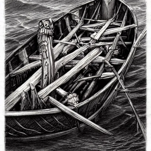 Image similar to close up of skeletons in a boat on a river catching skeleton fish, pencil sketch, realistic shaded, fine details, realistic shaded lighting poster by greg rutkowski